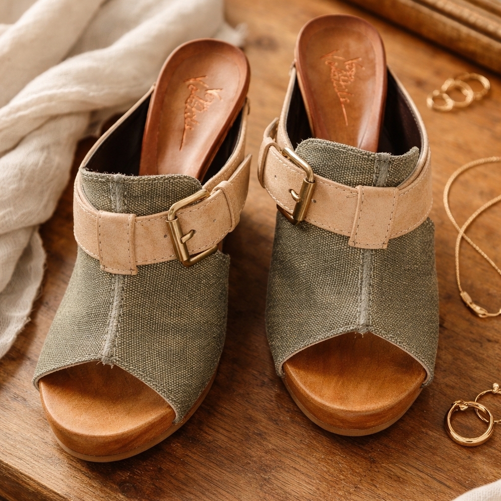 Very Volatile Olive and Tan Heeled Wooden  Vintage Sandals Size 6